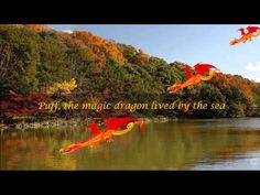 two red birds flying over a lake with trees in the background and a quote written on it