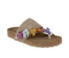 Elastic, Raffia, Faux Leather upper, Slip on for easy entry,1\ sole height, Open round toe with toe loop, Contoured cushioned footbed, Synthetic outsole, Flower appliques with rhinestone details | Women's Italian Shoemakers Patrisha Footbed Sandals in Bright Size 7 Synthetic Toe Loop Footbed Sandals For Beach, Spring Toe Post Footbed Sandals With Removable Insole, Synthetic Toe Loop Sandals For Spring, Synthetic Toe Post Sandals With Textured Footbed, Spring Cushioned Toe Loop Footbed Sandals, Cushioned Toe Loop Footbed Sandals For Spring, Spring Toe Loop Sandals With Cushioned Footbed, Brown Toe Loop Footbed Sandals For Spring, Spring Synthetic Toe Loop Footbed Sandals