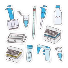 various medical items are shown in blue and white colors, including an iv tube, test tube