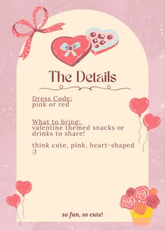 the details for valentine's day are shown in pink and red, with heart shaped balloons