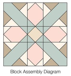 the block assembly diagram for quilting with blocks and squares in pastel colors, including pink