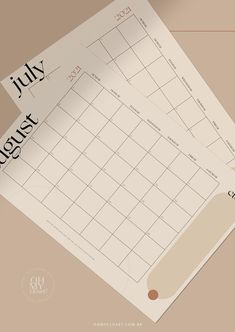 two calendars sitting on top of each other with the words july and august written across them