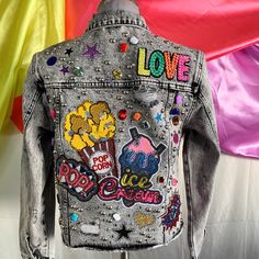 One Of A Kind Hand Painted/Embellished Denim Jacket  -Size Medium  -Bomber style jacket  -Denim  -Studs -Rhinestones  -3D Embellishments -Patches Applique Denim Jacket, Bling Denim Jacket, Sequence Jacket, Rhinestone Denim Jacket, Wearable Crafts, Bling Denim, Rhinestone Denim, Grey Denim Jacket, Concert Wear