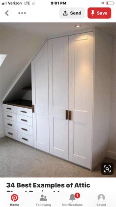 an attic bedroom with white closets and drawers