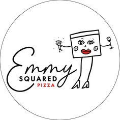 an emy squared pizza logo with a cartoon character holding a wine glass in it's hand