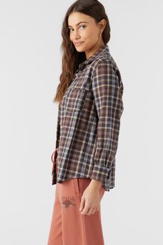 Always classic flannel shirt that has a front button design, allover plaid print and super soft feel. O'Neill Women's flannel shirt 27.5" In length Relaxed fit Brushed cotton flannel Front button closure with collar 100% Cotton brushed flannel Fall Flannel Button-up Shirt, Flannel Collared Shirt For Fall, Fall Flannel Shirt With Button Closure, Everyday Plaid Flannel Tops, Flannel Button-up Tops For Casual Gatherings, Fall Button-up Flannel Shirt, Everyday Flannel Shirt For Fall, Brown Button Closure Flannel Shirt, Flannel Shirt For Everyday Fall Wear