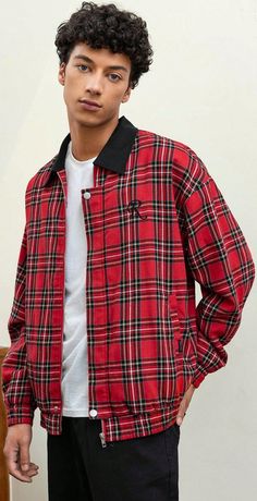 Casual Red Patchwork Outerwear, Plaid Cotton Outerwear With Patchwork, Casual Plaid Patchwork Outerwear, Casual Collar Plaid Cotton Outerwear, Plaid Cotton Outerwear With Casual Collar, Casual Plaid Outerwear With Casual Collar, Men Jackets, Loose Long Sleeve, Long Sleeve Jacket