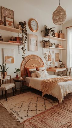 a bedroom with lots of plants on the wall and shelves above the bed, along with an area rug