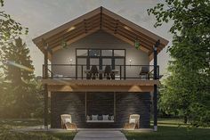 an artist's rendering of a modern house in the woods with two people sitting on the porch