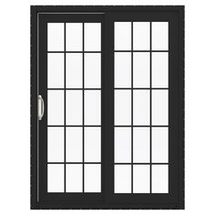 an open double door with black frame and white glass on the outside wall, in front of a white background