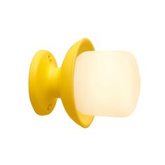 a yellow wall light with a white glass shade on it's arm and back end