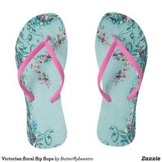 Victorian floral flip flops in teal blue, pink and purple. Very elegant for summer. Floral Flip Flops, Teal Blue