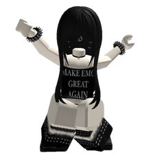 an animated girl with black hair and white skin is holding up her arms in the air