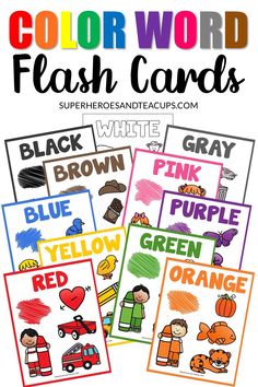 four color word flash cards with different pictures