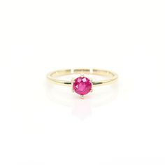 14k Ruby Engagement Ring | 5.0MM Solitaire Lab Created Ruby Wedding Ring | July Birthstone Ring | 14k Gold Ruby Ring | Anniversary Gift | Handmade Jewelry P R O D U C T 𝄪 D E T A I L S ✽ Metal: 14k Yellow Gold, White Gold & Rose Gold ✽ Bottom Band Width: 1.5 MM ✽ Center Stone: Lab Created Ruby ✽  Stone Size: 5.0 MM (approx. 0.5ct) ✽ Made to Order ✽ Curved Band Suggestion: https://etsy.me/3qvEF87 ✽ Same Engagement Ring with Diamond: Garnet: https://etsy.me/44lWN1L Sapphire: https://etsy.me/44vW1 Classic Ruby Ring With Diamond Cut, Classic Yellow Gold Ruby Ring With Round Stone, Classic Ruby Ring With Round Band, Classic Ruby Solitaire Rings, Classic Birthstone Ring With Center Stone And Round Band, Classic Ruby Birthstone Ring With Round Band, 14k Gold Diamond Cut Sapphire Promise Ring, Classic 14k Gold Stackable Rings With Prong Setting, Classic Gemstone Birthstone Ring For Promise