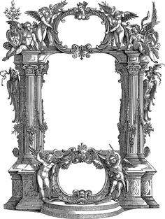 an antique drawing of a decorative arch with cherubs