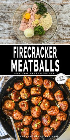 two pictures showing different types of meatballs in a skillet with the words, firecracker meatballs