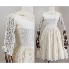 "This is a really darling 50s/60s nylon lace white dress. It is very bridal with a wired peter pan collar that is decorated with little pearl and iridescent sequin embellishments. The dress has a lace overlay that has 3⁄4 length sleeves with little bows on the cuffs with pearl beads. Under the lace the dress has a Queen Anne neckline made of a white rayon acetate. The bodice is fitted and the skirt flares out from gathers at the waist seam. The skirt is a full circle and has a lace layer and ace Queen Anne Neckline, Iridescent Sequin, Lace Layers, Wedding Party Dress, Full Circle, Lace White Dress, Pan Collar, Circle Skirt, Queen Anne