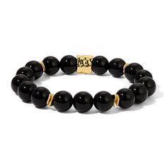 Experience opulent elegance with our Black Onyx 10mm Gemstone Bracelet. A luxurious 10mm black onyx gemstone is elevated by a 14k gold plated and hammered accent bead. The 'strong-stretch' design provides a perfect fit for any wrist. Elevate your style with this exquisite and exclusive piece. Luxury Black Gemstone Beaded Bracelets, Gemstone Bracelet, Black Onyx, Necklaces Bracelets, Anklets, Onyx, Gold Plate, Plating, Beads