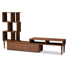 an entertainment center with shelving unit, coffee table and end tables on each side