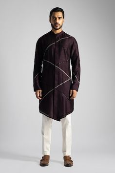 Plum kurta featuring embroidered two tone sequin cross motifs across front panels. Comes with pant. - Aza Fashions Festive Cotton Sets With Geometric Embroidery, Diwali Fitted Kurta With Geometric Embroidery, Cotton Kurta With Embroidery For Diwali, Festive Sherwani With Geometric Embroidery And Long Sleeves, Festive Long Sleeve Sherwani With Geometric Embroidery, Festive Fitted Traditional Wear With Embroidery, Men Kurta, Kurta With Pants, Embroidered Silk