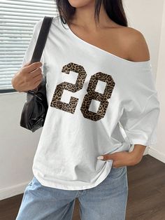 1pc Women Off Shoulder Leopard Print Number 28 Loose T-Shirt Oblique Oversized Graphic Cheetah Print Tees Women Tops White Casual  Short Sleeve Fabric Colorblock,Leopard Print,Letter,Textured Pattern  Slight Stretch  Women Clothing, size features are:Bust: ,Length: ,Sleeve Length: Oversize Women, T Shirt Oversized, Medium Long, Inspiration Mode, White Casual, Women Clothing, Womens Tees, Leopard Print, Casual Shorts