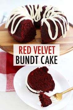 a red velvet bundt cake with white icing