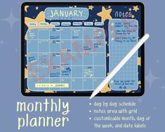 a blue and yellow calendar with stars on it, next to a white marker that says month - by - day schedule