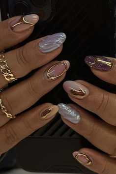 Galactic Nail Designs, Latina Almond Nails, Jade Stone Nails, Nail Inspo Trendy 2024 Spring Almond, Funky Nails Inspo Summer, Gold Detail Nails, Artsy Nails Designs, Fluffy Nails, Textured Nail Art