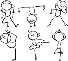 cartoon stick figures with different poses and expressions for kids to draw on the white background