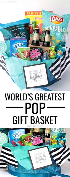 the world's greatest pop gift basket is on display in front of a white background