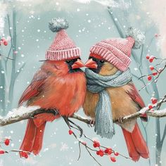 two birds are sitting on a branch in the snow, one is kissing the other