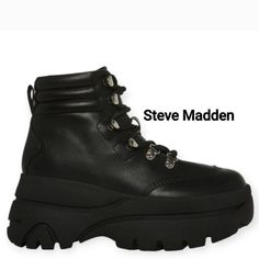 Steve Madden Brand Style: Huskey Combat Chunky Lace Up Boots Platform Style Color: Black Size: 8 These Were Purchased From Dillard's The Style Is So Fashionable And Versatile Love The Chunky Thick Flatform Style With Fashionable Height Tags# Combat Hiking Platform Ankle Boots Military Biker Grunge Goth Punk Emo Steampunk Rock N Roll Heavy Metal Fall Leather Low-top Platform Boots, Black Low-top Chunky Platform Boots, Fall Low-top Leather Platform Boots, Pointed Toe Boots With Lug Sole For Streetwear, Trendy Ankle-high Walking Boots, Winter Platform Low-top Boots, Low-top Boots With Lug Sole For Fall, Fall Low-top Boots With Lug Sole, Leather Chunky Platform Low-top Boots