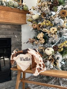 a fireplace with a christmas tree in the background and a blanket draped over it's back