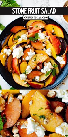 a plate filled with fruit and feta cheese next to a bowl full of peaches