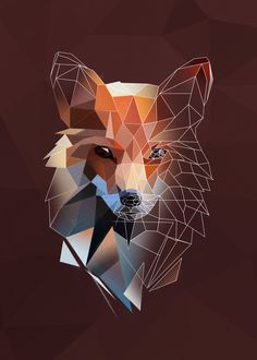 an animal made up of geometric shapes on a dark background with the image of a fox's head