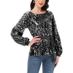 Step into the holiday season with style in the Anna-Kaci Women's Sequin Party Tie Waist Sweatshirt Pullover Top. This bedazzled pullover sweater features glittery sequins from top to bottom, combining festive sparkle with cozy comfort. With its round neckline, cuffed long sleeves, and relaxed fit, it's perfect for adding a touch of glamour to your winter wardrobe. Sequin Party, Puff Long Sleeves, Long Sleeve Sequin, Party Tops, Off Shoulder Tops, Linen Women, Pullover Sweatshirts, Winter Wardrobe, Trending Shirts