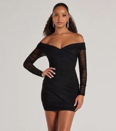 Serve sultry looks in this figure-flaunting mini dress designed with an airy mesh fabric with a partial knit lining for coverage. It features an off-the-shoulder sweetheart neckline with a surplice bodice, sheer long fitted sleeves, a faux wrap-front design at the waist, and all-over ruching on the bodycon silhouette.Fit & FeaturesSheer mesh fabric with partial knit lining, plenty of stretchOff-the-shoulder sweetheart neckline, surplice bodiceSheer long fitted sleevesFaux-wrap front design a Long Sleeve Holiday Dress, Orange Homecoming Dresses, Backless Dress Short, Purple Homecoming Dress, Green Homecoming Dresses, White Homecoming Dresses, Lace Dress Styles, Homecoming Outfits, Red Homecoming Dresses