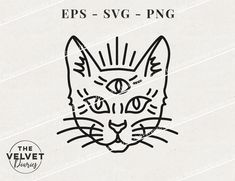 a black and white drawing of a cat's face with the words eps - svg - png on it