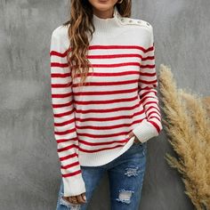 Women's Striped Knitted Sweater Recreational Sleeves Stand Collar Buttons Pullover Sweater Features: Features: Casual Top, High Neck Button, Fashion, Sleeves, Fashion Fashion Design, Winter Striped Turtleneck Sweater. Material: acrylic fiber, made of fabric,, soft and comfortable. The Sweater is attractive to wear Occasion: Casual, Daily, Birthday,, Work, Home Vacation, etc. suitable for and winter PLEASE NOTE: Hand Wash Cold or Gentle Machine Wash / Do Not Bleach / Dry. You can find it in our p Striped Knitted Sweater, Comfy Sweater, Ladies Turtleneck Sweaters, Mode Casual, Sweater Women's, Womens Turtleneck, Comfy Sweaters, Casual Stripes, Collar Sweater