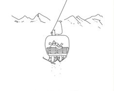 a black and white drawing of a person on a ski lift with mountains in the background