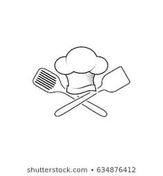 a chef hat and spatula with cooking utensils on white background line art icon