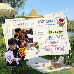 a collage of photos with people and flowers on them in front of a postcard