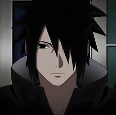 an anime character with black hair wearing a hoodie and looking at the camera while standing in front of a door