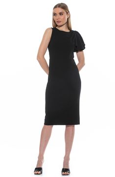 A draped sleeve cascades along a single side of this flattering sheath dress styled in a midi length. 43" length (size X-Small) Crewneck Single draped sleeve Lined 95% polyester, 5% spandex Machine wash, dry flat Imported Model stats: 5'10" height, 32" bust, 25" waist, 36" hip. Model is wearing size X-Small. Formal Pre-draped Knee-length Midi Dress, Formal Bodycon Asymmetrical Midi Dress, Knee-length Midi Dress With Draped Sleeves For Party, Knee-length Party Midi Dress With Draped Sleeves, Party Midi Dress With Draped Sleeves, Fitted Pre-draped Sheath Midi Dress, Pre-draped Knee-length Evening Midi Dress, Pre-draped Midi Dress For Work, Asymmetrical Midi Dress With Draped Sleeves For Formal Events