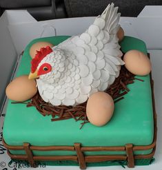 there is a cake that looks like an egg in a chicken's nest