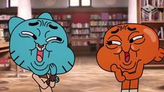 two cartoon characters with their mouths open in front of bookshelves