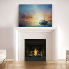 a fire place with a painting on the wall