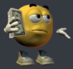 a yellow smiley face holding money in his hands