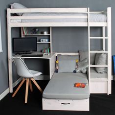 Thuka Hit High Sleeper with desk and silver chair bed extended Bed On Stilts, Sleepover Bed, Built In Shelving, Sleepover Beds